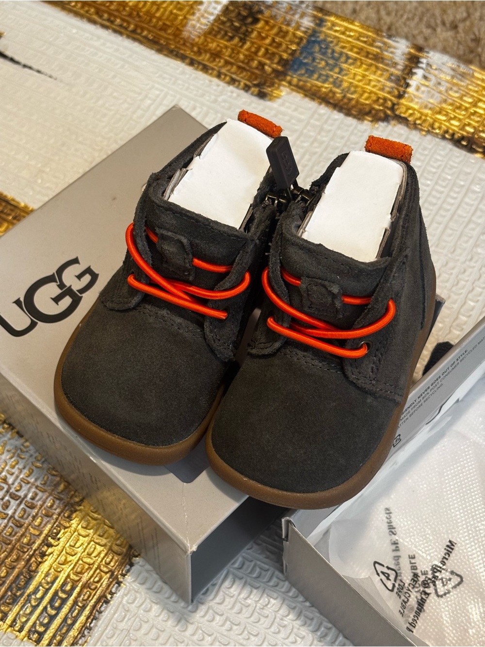 UGG Kids Black Suede Booties with Orange Laces
